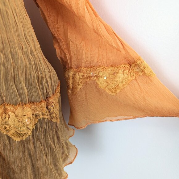 VTG 00s Y2K Piano Orange Sheer Crinkle Pleated Sequin Lace Trim Bell Sleeve Top - Picture 6 of 8